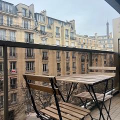 View of Eiffel Tower Paris 16th arrondissement Trocadero with Terrasse