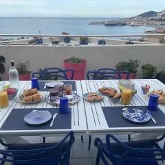 Suite avec 2 chambres d'hôtes pour 1 à 4 personnes avec terrasse, vue mer, parking privé, proche port et aéroport, petit déjeuner inclus