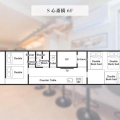 6階 ホテル花 道頓堀に位置する宿 ベッド9台 シャワー2台 観光に最適