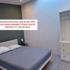 Chambre pour 2 personnes avec Clim Wi-Fi Salle de bain privée dans une maison partagée - Colocation de 3 chambres