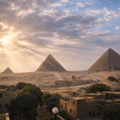 Hathor palace pyramids view