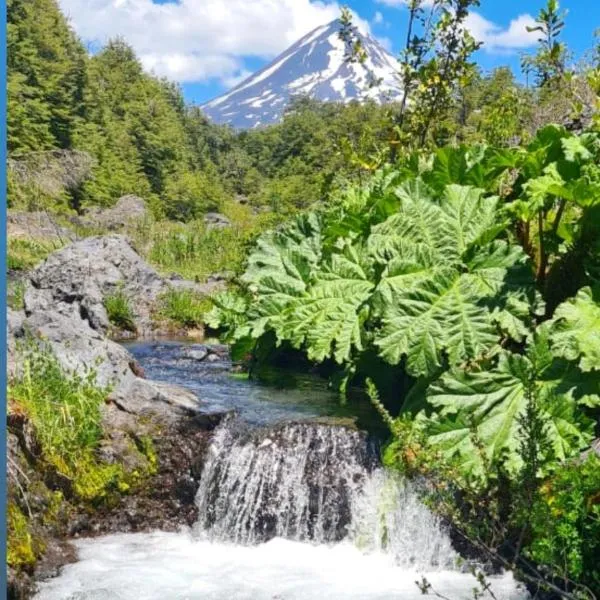 Vista al volcán con tinaja y río en Conguillío, hotel v destinaci Curacautín