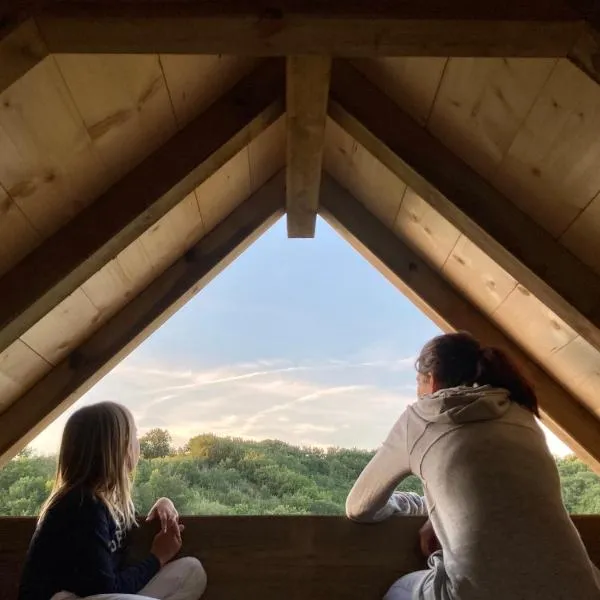 Cabane Bivouac avec échelle à l'ombre des chênes, hotel in Bellegarde-Adoulins