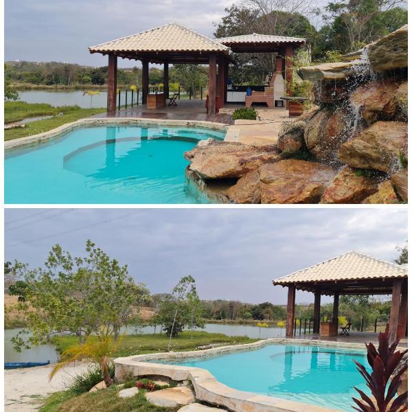 Chalé com hidromassagem e piscina com cascata natural defronte Lagoa Lagoa na Serra do Cipó