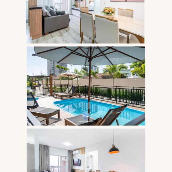 Apartamento 150m da PRAIA com SACADA, WI-FI AR CONDICIONADO, PISCINA, PORTARIA 24h, PLAYGROUND e vaga de GARAGEM
