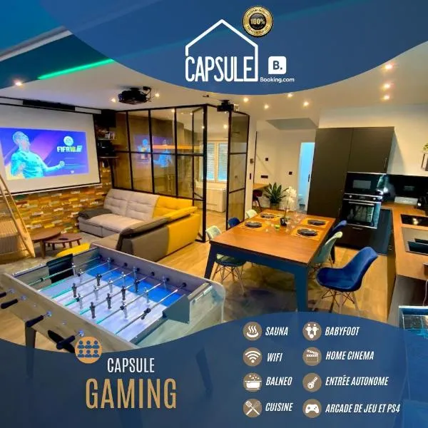 Capsule Gaming balnéo & billard & babyfoot & sauna 2 chambres, hotel a Estreux
