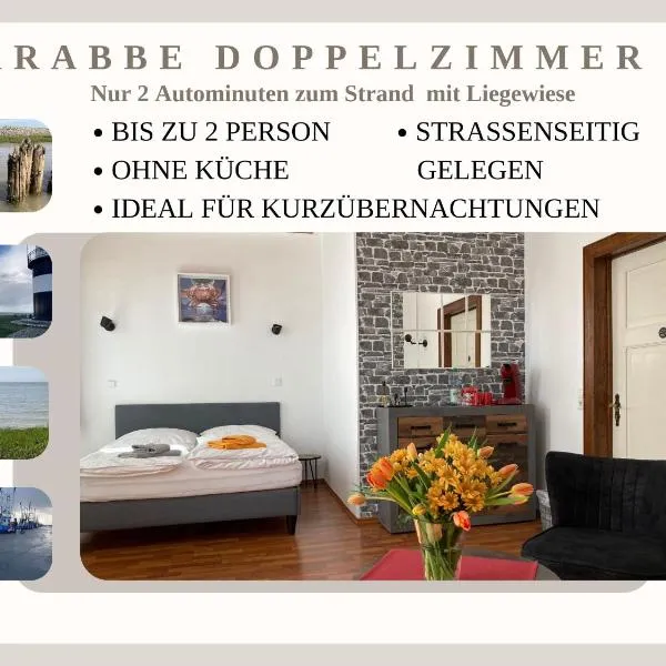 Krabbe Doppelzimmer 4, am Elbe-Weser-Radweg mit Fahrradunterstellmöglichkeit, auch für E-Bikes, ideal für Kurzaufenthalte, Smart-TV 42 Zoll, kostenfreier Parkplatz,, hotell sihtkohas Wremen
