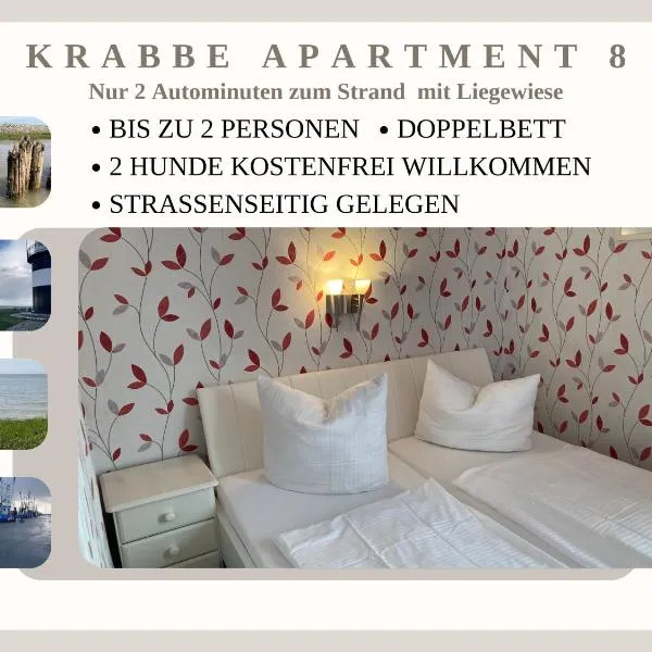 Krabbe Apartment 8 an der Nordsee, ideal für Paare, 2 Hunde willkommen, kostenfreier Parkplatz, Geschäfte und Restaurants in 2 Gehminuten erreichbar, hotel in Wremen