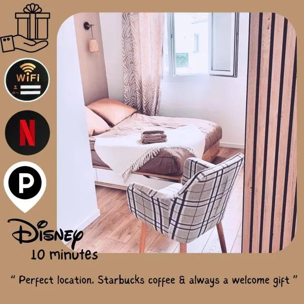Studio EASY CHECK-IN 8 mins Disneyland 35 mins Paris FREE Starbucks coffee parking wifi, hotel in Bussy-Saint-Georges