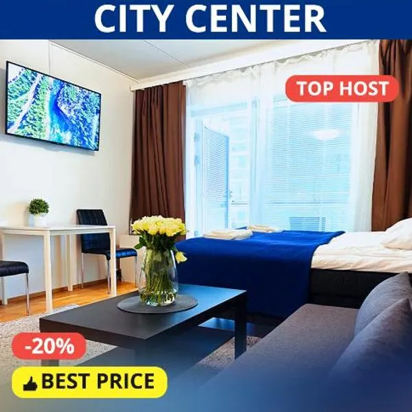City center 1R studio with perfect view, parking, hotel in Oulu