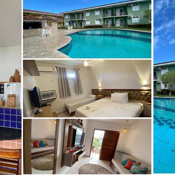 Flat's com 1 quarto, frente praia de Taperapuã, atravessou a rua está na praia, Condomínio Boulevard da Praia conta com piscina, sauna, sala de jogos além de café da manhã como cortesia