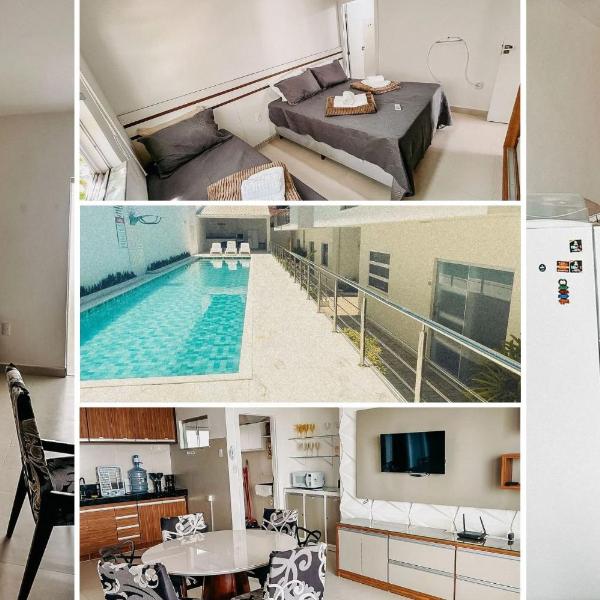 Apto Térreo com 2 quartos (ambos com ar split), sendo 1 suíte, internet privativa 300MBPS, no Residencial Vila Regina, condominio com piscina e área gourmet bem próximo a praia de Taperapuã
