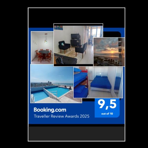 Prédio com piscina na cobertura frente ao mar,apartamento para até 6 pessoas e 3 crianças até 8 anos, churrasqueira na sacada, Wi-Fi grátis, rede de proteção, NÃO oferecemos roupas de cama e banho, 1 vaga de garagem, na Praia Grande-Vila Mirim