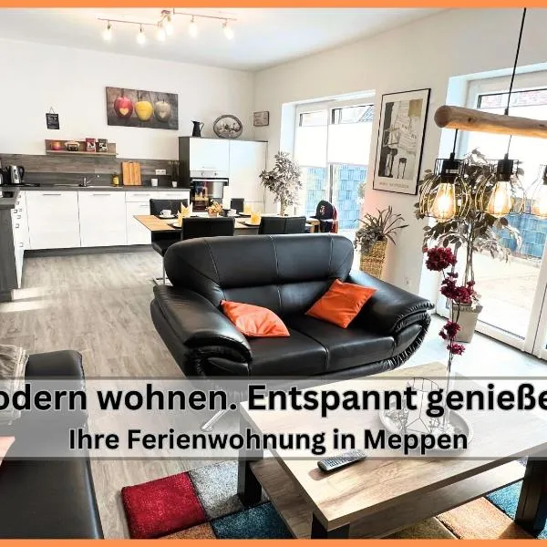 Ferienhaus "Golden Delicious" Meppen Ebenerdig Carport Terrasse Neubau NETFLIX Free WIFI 2 Schlafzimmer Küche GästeWC, hotel in Meppen