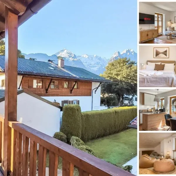 Apartment für 6 - Bergblick, Balkon, Kamin, Kino, Yoga, Parkplatz, hotel in Garmisch-Partenkirchen