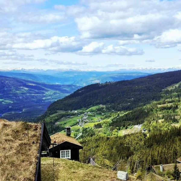 Tømmerhytte i Valdres med panoramautsikt over fjellene, hotel in Aurdal