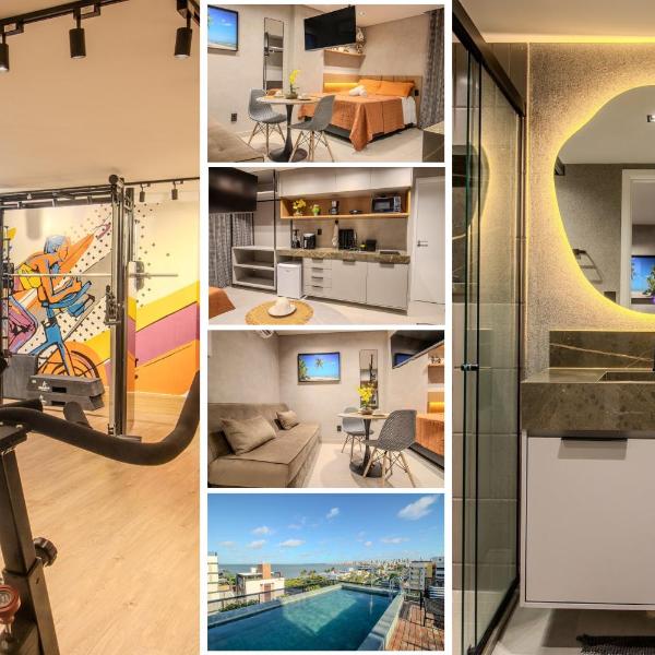 Flat a 50m da praia, com cozinha completa, estacionamento, recepção 24h, academia, lavanderia, Wi-Fi, mini mercado, Rooftop com piscina, churrasqueira e vista incrível
