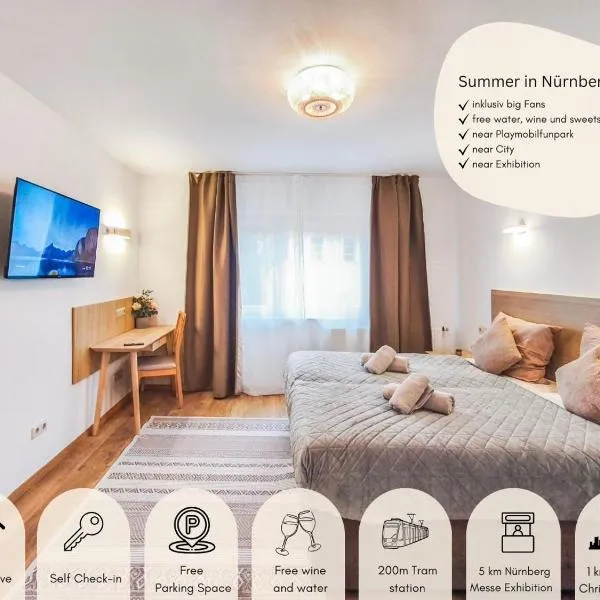 Falk Homes- Luxus Apartments, ideal für Geschäftsreisende & Familien - nahe Messe, im Zentrum Nürnbergs mit Balkon, Arbeitsplatz & Parkplatz, inkl großen Ventilatoren, Handtücher & Bettwäsche, Playmobilfunpark, self check-in, hôtel à Nuremberg
