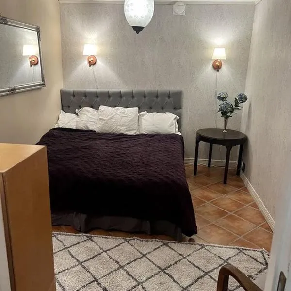 Lovely small room with a double bed no window in a charming Båstad villa prime location with terrace, hotel in Båstad