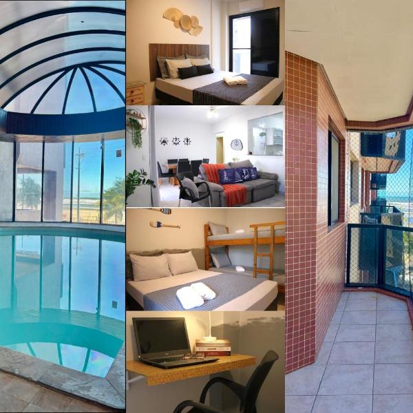 2 Quartos com Varanda sendo 1 Suíte, Cozinha completa, Vista Mar - Condomínio Frente Mar, Lazer completo com Piscina coberta e aquecida, Estacionamento, Portaria 24h - Apto indicado para Grupos, Famílias e Hóspedes a Trabalho, Praia da Guilhermina
