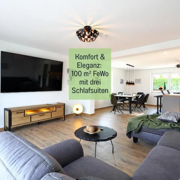 FeWo Savanna Lodge Northeim - barrierefrei und großzügig - 100qm - 3 Schlafzimmer - bis 6 Gäste - Babies reisen gratis - Terrasse, Garten & Grill - vollausgestattete Küche mit Spühlmaschine - Klimaanlage, Fußbodenheizung & Raffstores - nahe Göttingen, hotel in Northeim