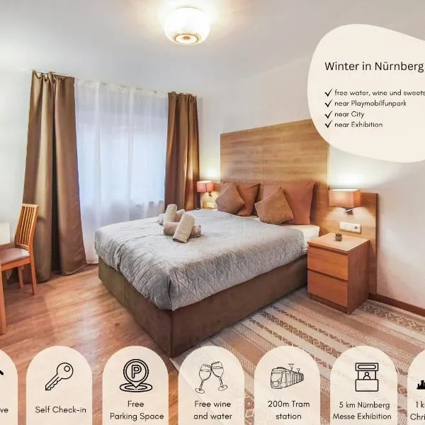 Luxury apartments, for business travelers & families - near exhibition, center of Nürnberg with balcony, workspace & free parking, towels & bed linen, near Playmobil FunPark, Christkindlmarkt, self check-in、ニュルンベルクのホテル