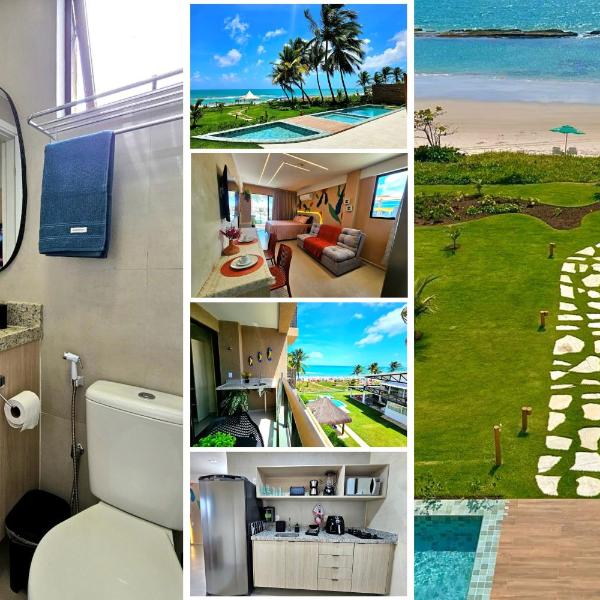 Pé na areia em frente às piscinas naturais de Carneiros com varanda, piscina borda infinita, cama queen, cozinha, Wi-Fi, estacionamento e recepção 24h
