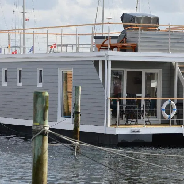Hausboot Hecht mit Dachterrasse in Schleswig، فندق في شلسفيغ