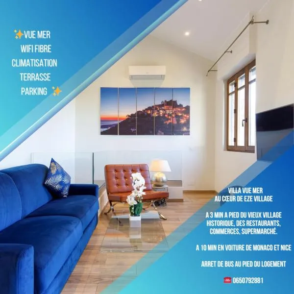 Villa d exception avec terrasse, jacuzzi, vue mer, parking, en plein cœur du village de Eze, hotell i Èze