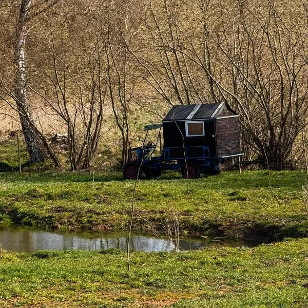 Kuschliger Schäferwagen auf Wiese autark, hotel a Hausbreitenbach