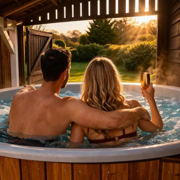 Wellness Tuin - Ultieme Partner Beleving - St Hubertus Suite met Indoor Jacuzzi, Openhaard, Privé Hottub en Privé Sauna in Jachthut stijl - Gratis Fles Prosecco & Leuke Partner connect box !, Hotel in Horst