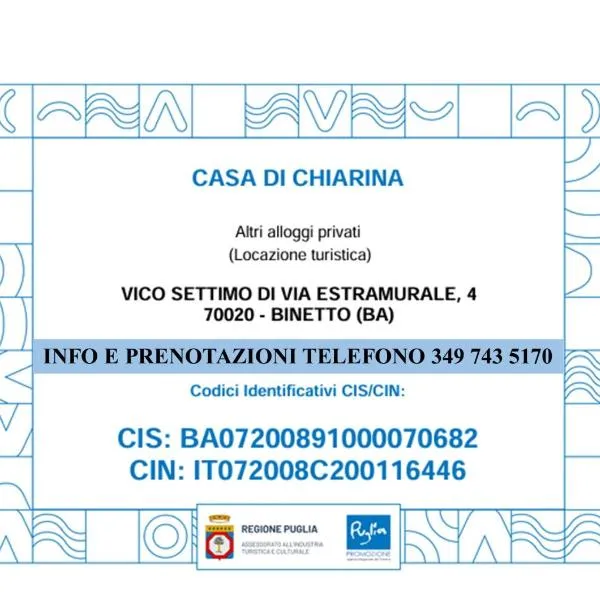 Binetto में, होटल casa di Chiarina, primo piano e piano terra