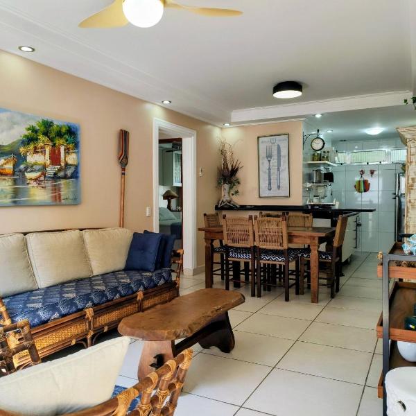 3D- Apartamento 2 Suítes com Ar Condicionado, 2 banheiros, Internet, 1 garagem - Beira Mar - Praia do Tombo - Guarujá