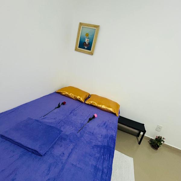 Um quarto dividual na sala com porta cortina