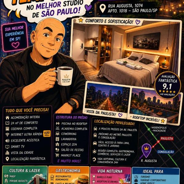 Augusta Luxe Studio 1018 Localização Premium na Avenida Paulista 130 metros do metro Consolação