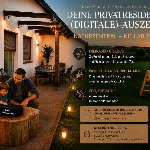 Frankenberg में, होटल NaturZentral - neu ab 2026 Privatresidenz mit Sauna, Terrasse & Naturblick sowie großer Wiese für Auszeiten allein, zu zweit oder mit Kind