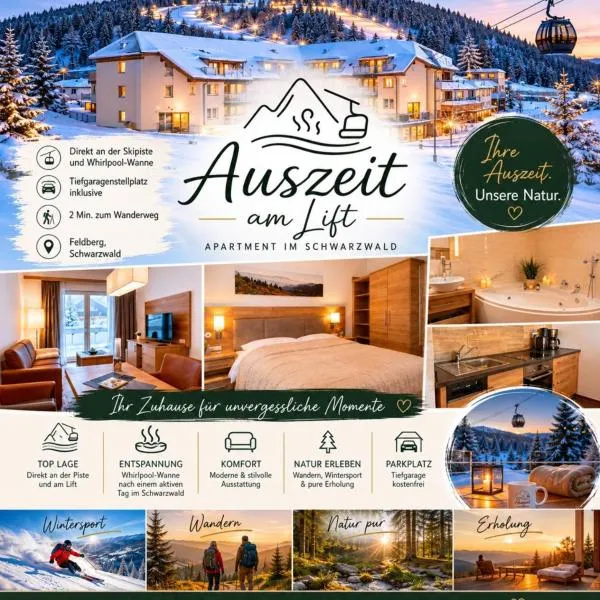 FeWo Auszeit am Lift I Direkt an der Skipiste I Whirlpool-Wanne I Tiefgaragenstellplatz I 2min zum Wanderweg, Hotel in Feldberg (Schwarzwald)