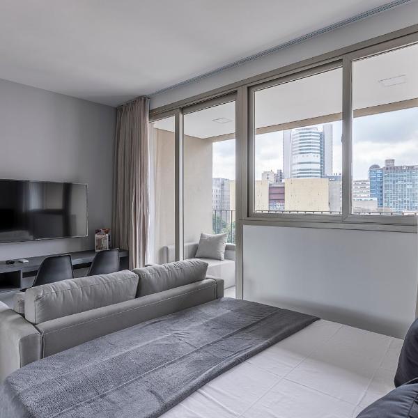BHaus Jardins VN Melo Alves - Studio Premium com Varanda e Vista Incrível 16o andar - Cama Queen - Oscar Freire 200m - Academia - Lavanderia - Piscina - Coworking - Vaga de Garagem - Metrô 300m - Acomoda 2 pessoas - ma64