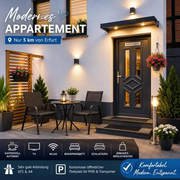 Modernes Appartement nur 5 km von Erfurt, stilvoll komfortabel und perfekt angebunden, Kaffeevollautomat, TV, WLAN, Schlafsofa und Einkaufsmöglichkeiten in der Nähe, hervorragende Anbindung zur A4 und A71, kostenlose öff Parkplätze für PKW und Transporter, hotel in Elxleben