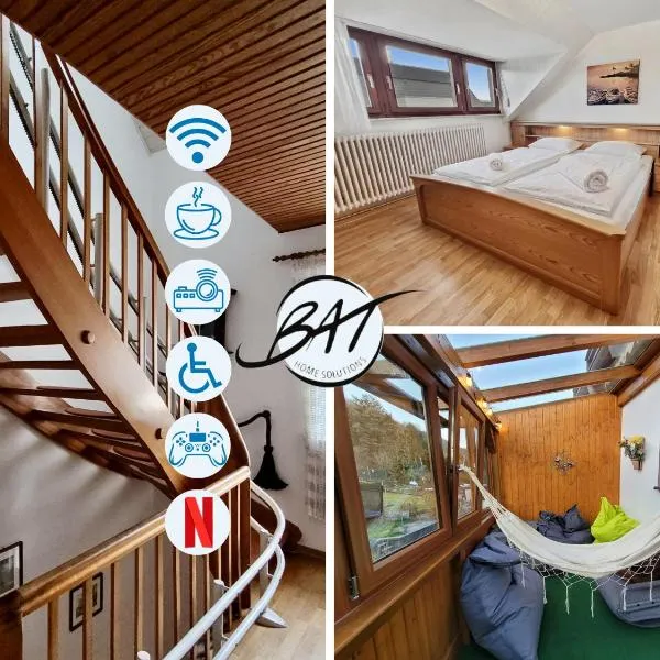BAT Home Solutions Trier-Euren - alles was ein Hotel nicht bietet - 10 Min zur Altstadt - 98 qm Scheune für 9 Personen mit Sternenhimmel, Wintergarten, Grill und Kino - barrierefrei dank Lift & Auffahrt، فندق في ترير