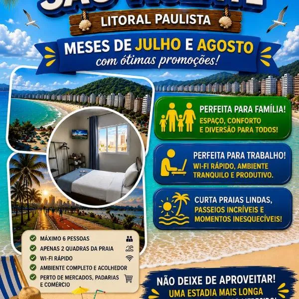 Apto completo em São Vicente ideal para família e trabalho 2 quadras da praia, hotel v destinácii São Vicente