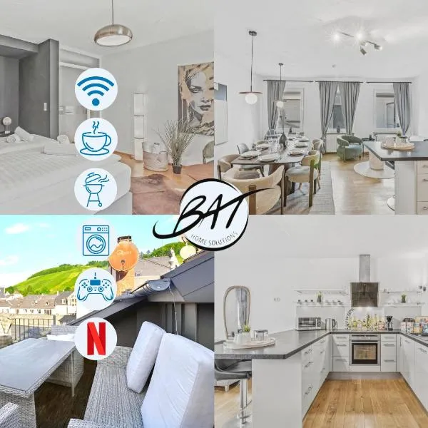 BAT Home Solutions Saarburg Altstadt - alles was ein Hotel nicht bietet - direkt am berühmten Wasserfall - 151 qm Stadthaus von 1732 für 12 Personen - Dachterrasse mit Grill & Weinbergblick - Garage & Weinkeller, hotel di Saarburg