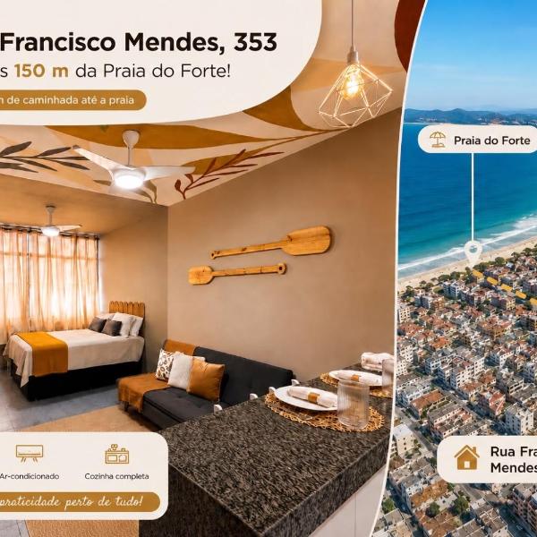 Estúdio moderno com ar a 4min da praia do forte para até 6 pessoas