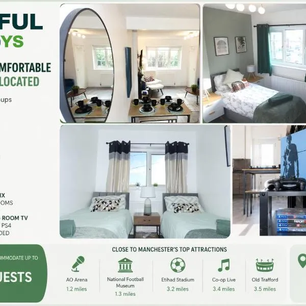 2BDR House 4 Beds & Sofa with 3 TVs Netflix PS4 Free Parking Near MCR AO Arena, hotel in Manchester