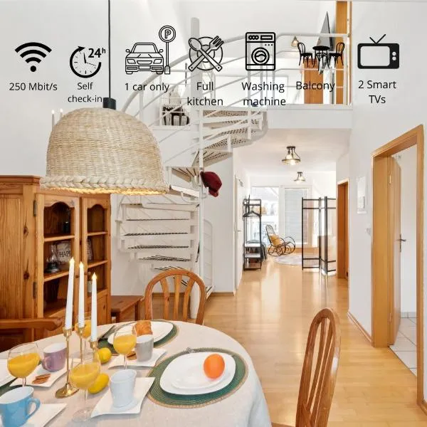 Gelbe Koffer - Vintage Maisonette Neunkirchen - 2 SZ - Self-Check-in - Balkon - Parkplatz - 1 km zum Zentrum - bis 4 Pers（Gelbe Koffer - Vintage Maisonette in Neunkirchen - 2 separate Schlafzimmer - bis 4 Pers）、ノインキルヒェンのホテル