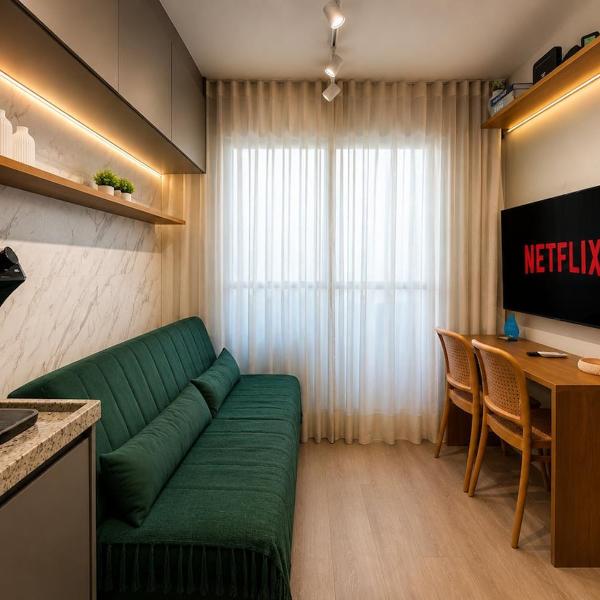 Apê com Suíte, Moderno, c/ Ar, Wi-Fi e Piscina
