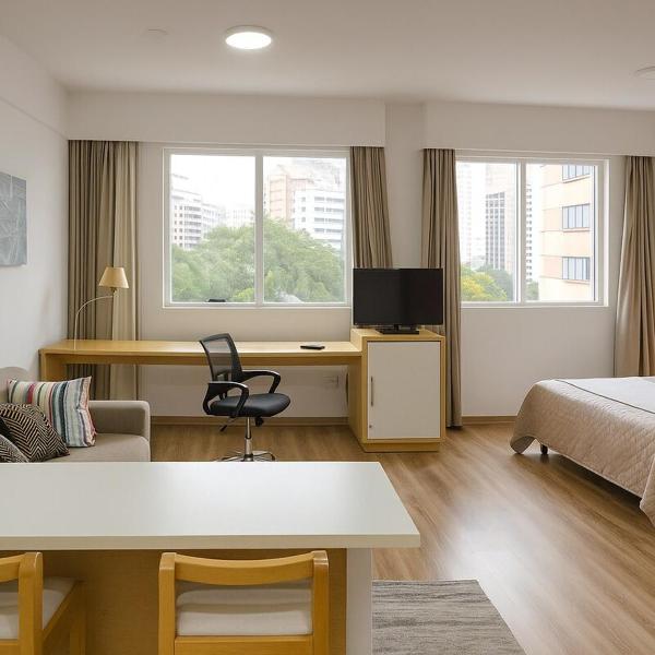 Flat Central em Alphaville com cama Queen, cozinha e vaga na garagem