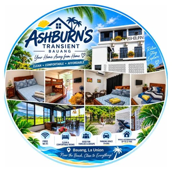 ASHBURN'S TRANSIENT - BAUANG, PRIVATE AC & FAMILY ROOMS near the BEACH – hotel w mieście Bauang