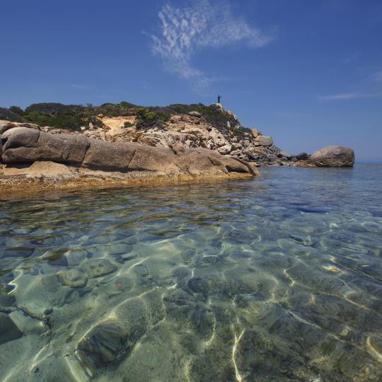 Krystallklart vann møter sardinsk mat på stranden Cala Sinzias